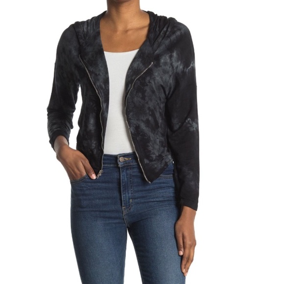 Baea Black Tie Dye Front Zip Hooded Jacket Size Medium - Picture 1 of 6